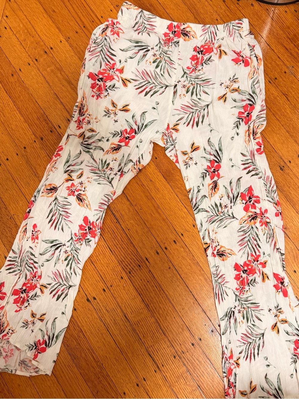 Fashion Nova White Floral Wide-Leg Pants with Red & Green Print